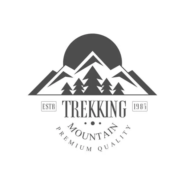 Vector illustration of Trekking mountain premium quality estb 1985 icon design, vintage black and white mountain exploration outdoor adventure symbol, vector Illustration on a white background