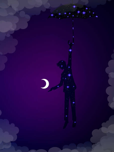 istock fairy night comming, put the moon on the night sky, shiny silhouette of man with umbrella houlding the moon, fairy tale at the sky, night dreamer, vector 1036890798