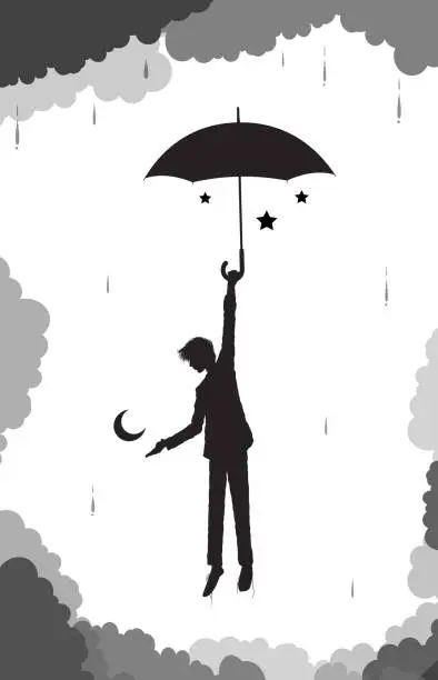 Vector illustration of man hides the moon and stars under his umbrella from the cluds and rain, young wizard, scene on heavens, black and white dreams, vector