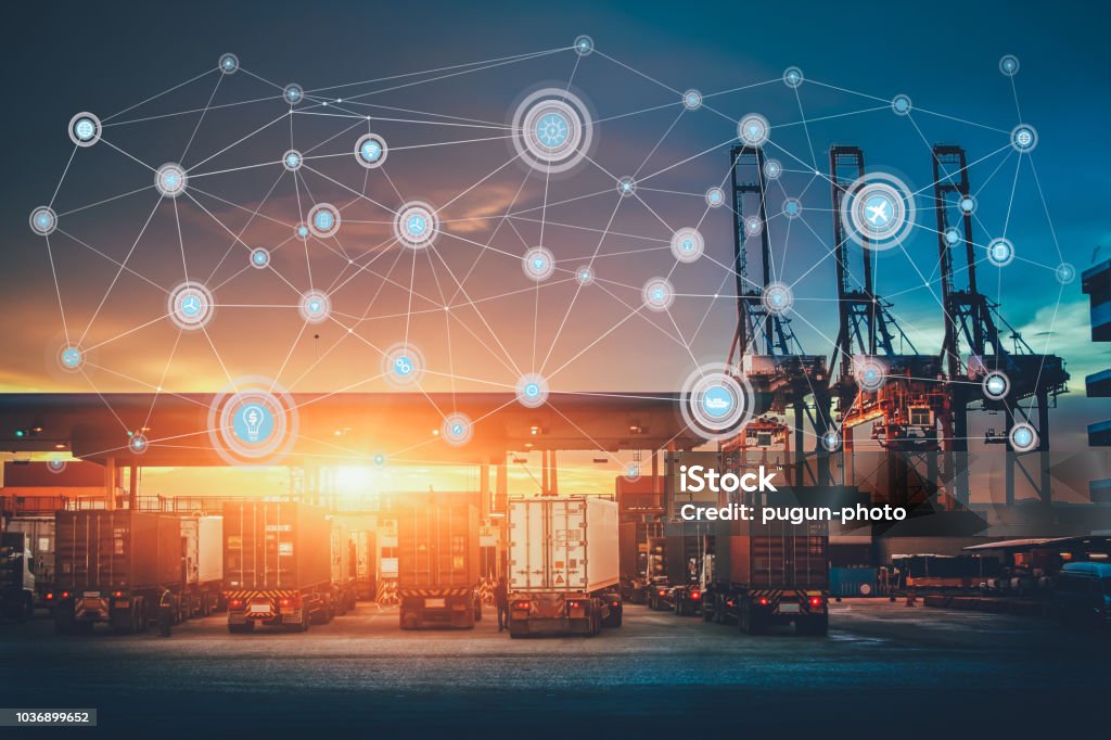 Business Logistics concept, Global network coverage world map,Truck with Industrial Container Cargo for Logistic Import Export at yard Freight Transportation Stock Photo