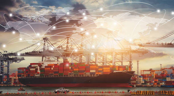 istock Business Logistics concept, Global network coverage world map,Truck with Industrial Container Cargo for Logistic Import Export at yard 1036899706