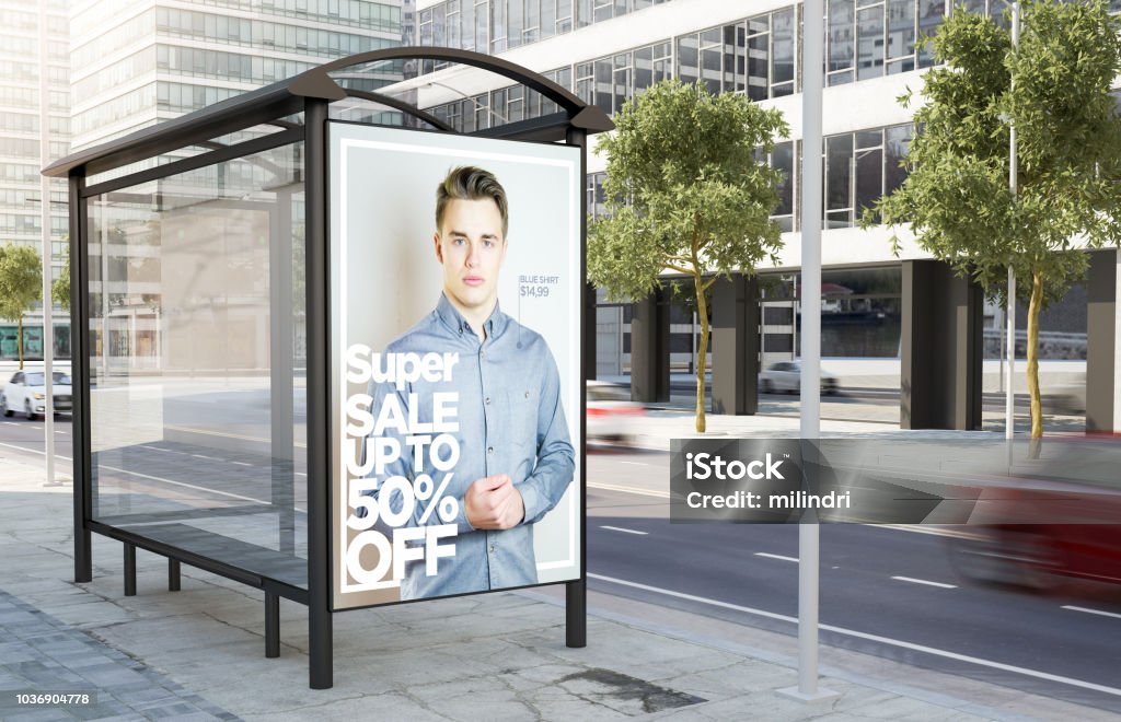 bus stop fashion sale advertising billboard bus stop fashion advertising billboard on the street 3d rendering Advertisement Stock Photo