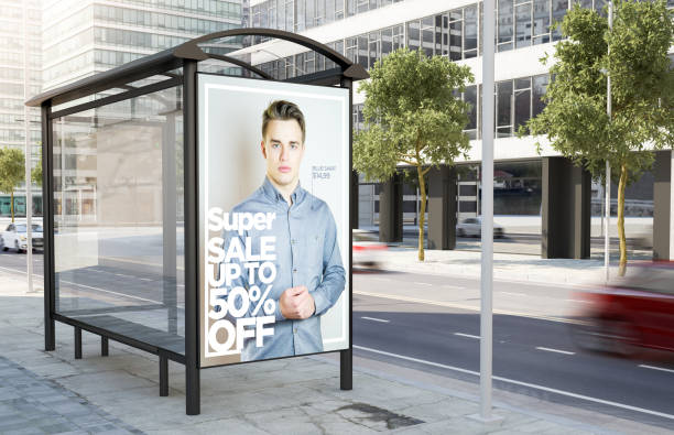 bus stop fashion sale advertising billboard bus stop fashion advertising billboard on the street 3d rendering commercial sign stock pictures, royalty-free photos & images