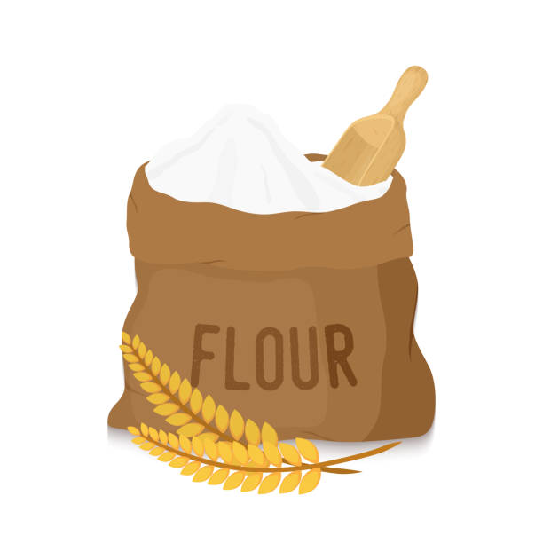 ilustrações de stock, clip art, desenhos animados e ícones de vector canvas bag with white flour, scoop, ears - wheat cereal plant oat crop