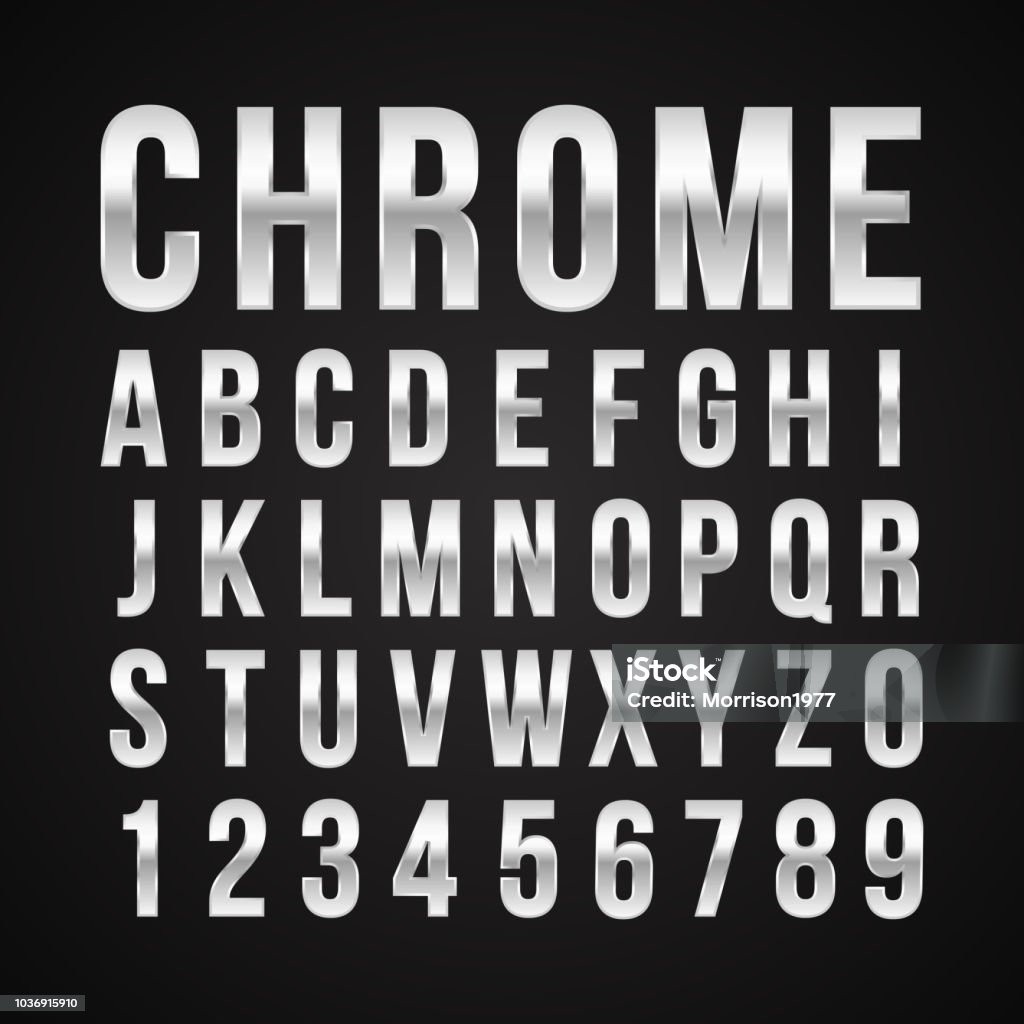 Schrift Alphabet Nummer Chrom Effekt Vektor - Lizenzfrei Text - Schriftsymbol Vektorgrafik