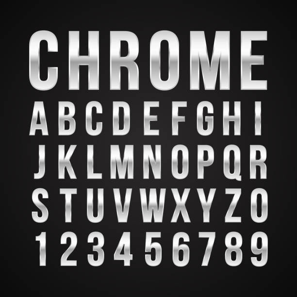 글꼴 알파벳 숫자 크롬 효과 벡터 - chrome stock illustrations