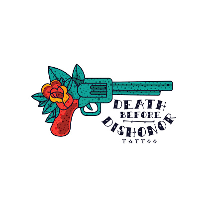 Retro revolver, rose flower and words Death before dishonor, classic American old school tattoo vector Illustration isolated on a white background.