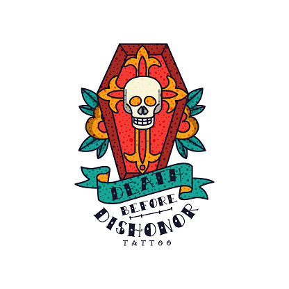 Red coffin, skull, rose flowers and words Death before dishonor, classic American old school tattoo vector Illustration isolated on a white background.