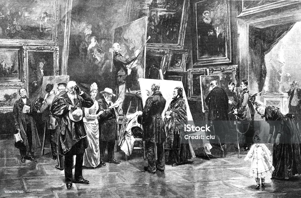 Visitors in a picture gallery Illustration from 19th century Art Museum stock illustration