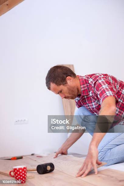 Young Man Installing Laminate Flooring In New Apartment Or House Stock Photo - Download Image Now