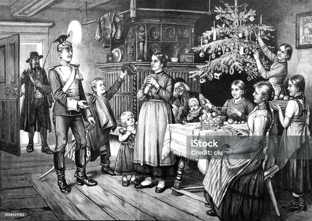 Soldier on home leave at Christmas in the living room Illustration from 19th century Christmas stock illustration