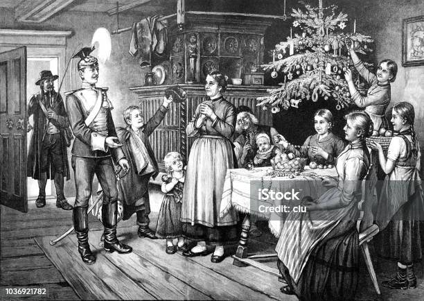 Soldier On Home Leave At Christmas In The Living Room Stock Illustration - Download Image Now