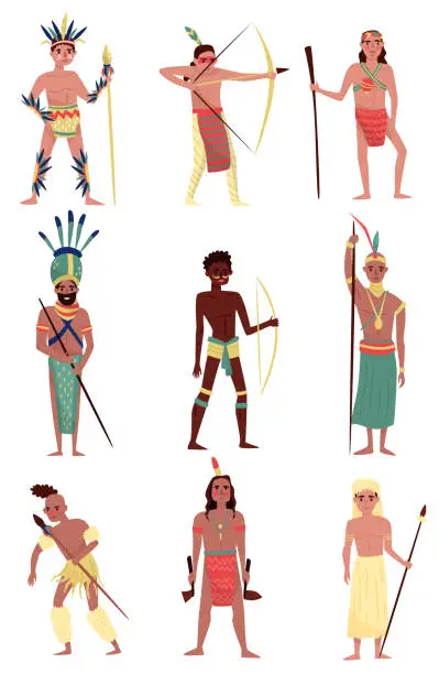 Vector illustration of Armed native people set, American Indian, African tribe member, Australian Aboriginal characters vector Illustrations on a white background