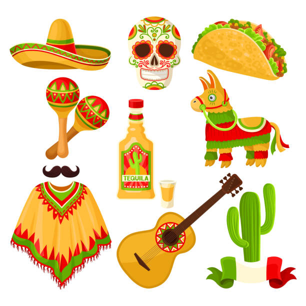 illustrations, cliparts, dessins animés et icônes de symboles des vacances mexicaines définie, chapeau sombrero, crâne de sucre, taco, maracas, pinata, bouteille de tequila, poncho, vecteur de guitare acoustique illustrations sur fond blanc - maraca