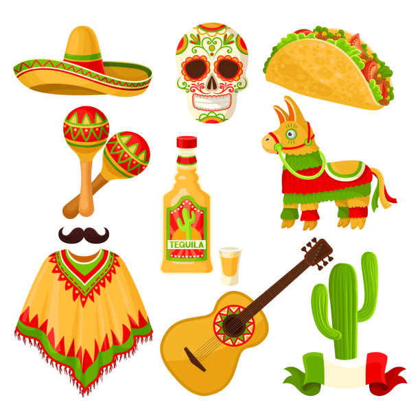 Mexican holiday symbols set, sombrero hat, sugar skull, taco, maracas, pinata, tequila bottle, poncho, acoustic guitar vector Illustrations on a white background Mexican holiday symbols set, sombrero hat, sugar skull, taco, maracas, pinata, tequila bottle, poncho, acoustic guitar vector Illustrations isolated on a white background. maraca stock illustrations