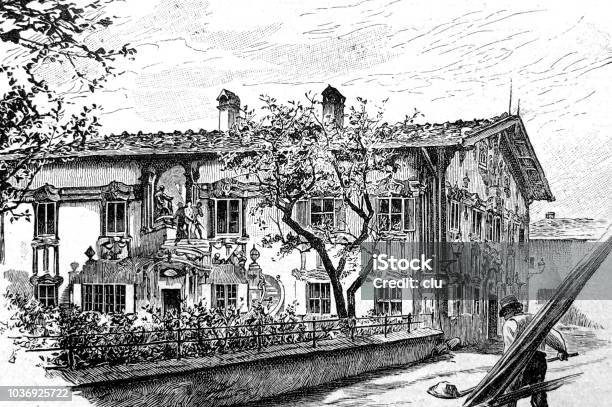 Oberammergau House Of The Mayor Stock Illustration - Download Image Now - 1890-1899, 19th Century, 19th Century Style