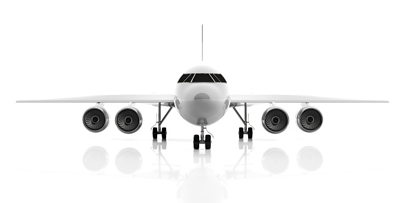 Blank commercial airplane with four engines, isolated on white background, front view. 3d illustration