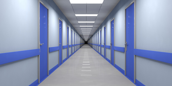 Hospital interior. Empty ward corridor with blue doors and finishes. 3d illustration