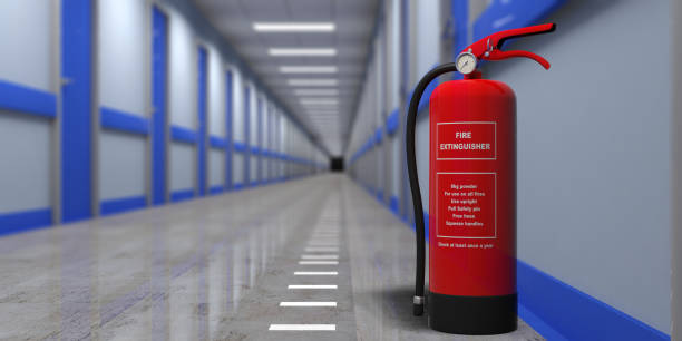Fire extinguisher on a wall, blur hospital corridor background. 3d illustration
