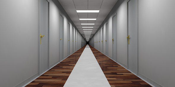 Hotel or office building empty corridor with grey doors and wooden and marble floor. 3d illustration