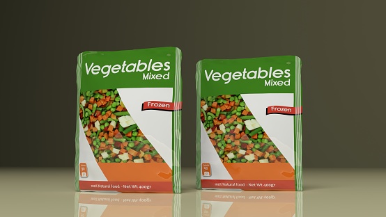 Frozen Vegetables packets on colored background. 3d illustration