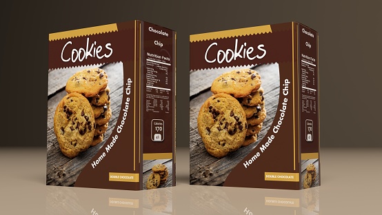 Chocolate cookies paper packages on colored background. 3d illustration