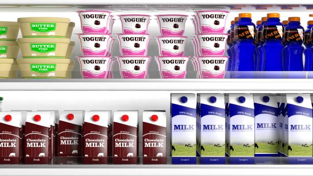 kühlschrank mit verschiedenen produkten. 3d illustration - milk bottle milk bottle empty stock-fotos und bilder