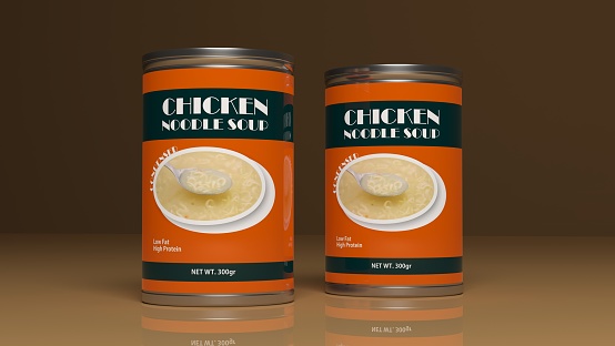 Noodle soup metallic cans. 3d illustration