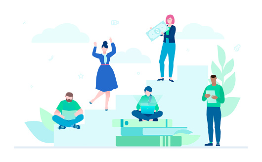 Teamwork - flat design style colorful illustration on white background. A composition with international business group, employees working on a project, standing on ladder, pile of books. Financial theme