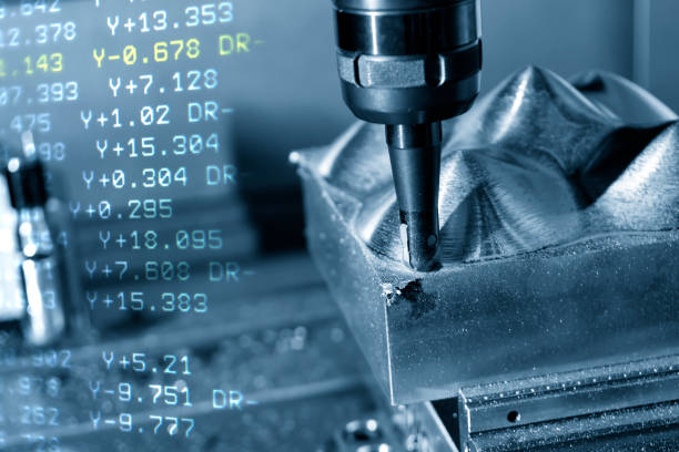 istock The abstract scene of  CNC milling machine and the G-code data cutting the mold part. 1036932664