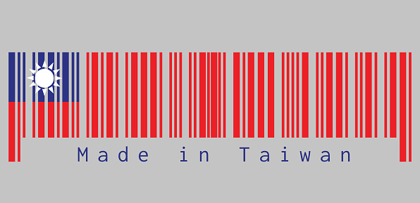 Barcode set the color of Chinese Taipei flag, red field, with a blue canton and white sun with text: Made in Taiwan. concept of sale or business.