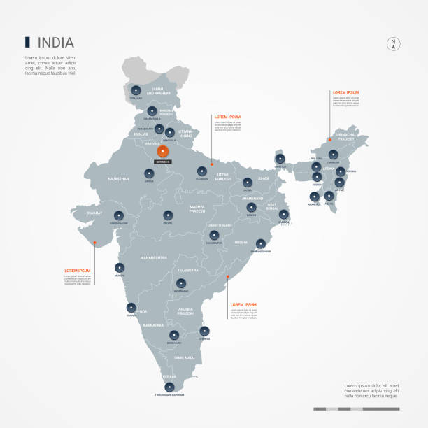 India infographic map vector illustration. India map with borders, cities, capital and administrative divisions. Infographic vector map. Editable layers clearly labeled. india stock illustrations