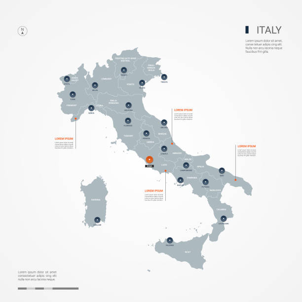 illustrazioni stock, clip art, cartoni animati e icone di tendenza di illustrazione vettoriale mappa infografica italia. - mappa italia