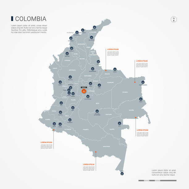 Colombia infographic map vector illustration. Colombia map with borders, cities, capital and administrative divisions. Infographic vector map. Editable layers clearly labeled. colombia stock illustrations