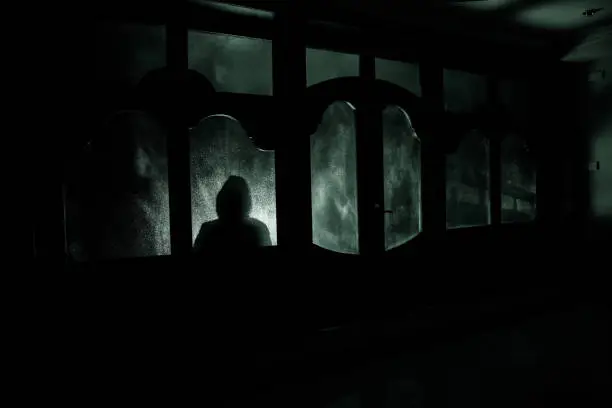 Photo of Silhouette of an unknown shadow figure on a door through a closed glass door. The silhouette of a human in front of a window at night. Scary scene halloween concept of blurred silhouette