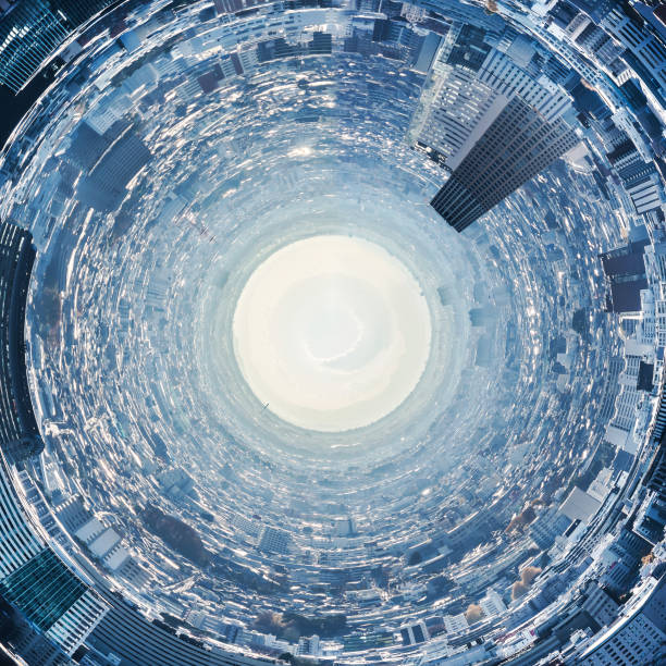 Creative design idea concept - circle panoramic modern city skyline aerial view under blue sky in Tokyo, Japan