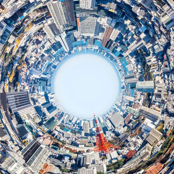 Creative design idea concept - circle panoramic modern city skyline aerial view under blue sky in Tokyo, Japan