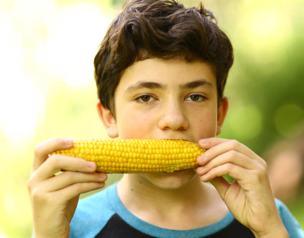 garoto adolescente comendo a espiga de milho cozido perto foto - corn on the cob corn cooked boiled - fotografias e filmes do acervo