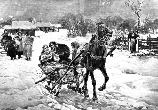istock Funny sleigh ride of a couple 1036951136
