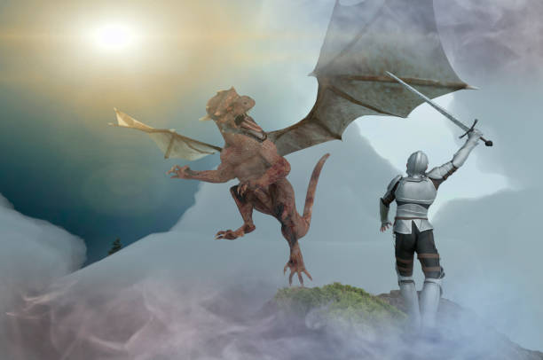 istock a knight fighting dragon, dragon versus man 3D render 1036955696