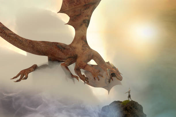a knight fighting dragon, dragon versus man 3D render