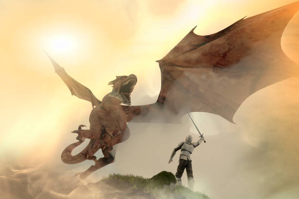 istock a knight fighting dragon, dragon versus man 3D render 1036955800