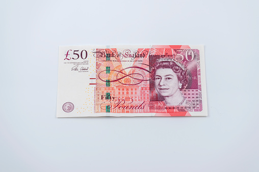 Fifty pound note on the white background.