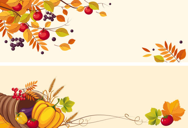 ilustraciones, imágenes clip art, dibujos animados e iconos de stock de fondo de acción de gracias con espacio para texto, dos banners horizontales en otoño las hojas, vector ilustración de la cornucopia - thanksgiving fruit cornucopia vegetable