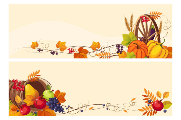 Thanksgiving background with space for text, horizontal banners with autumn grape leaves, pumpkins, fruit and vegetables vector Illustration Thanksgiving background with space for text, horizontal banners with autumn grape leaves, pumpkins, fruit and vegetables vector Illustration, web design cornucopia stock illustrations