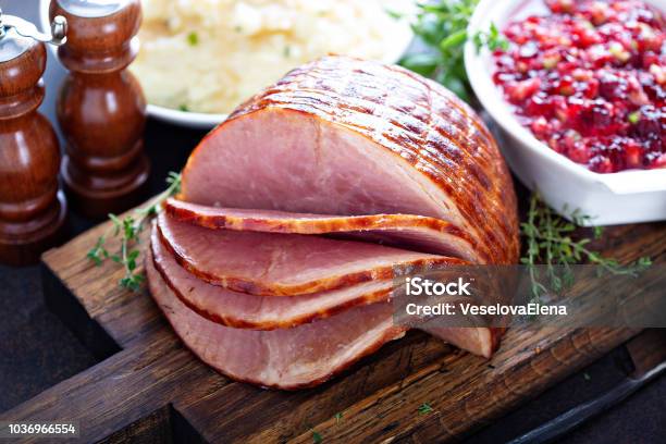 Holiday Glazed Sliced Ham Stock Photo - Download Image Now - Ham, Thanksgiving - Holiday, Christmas
