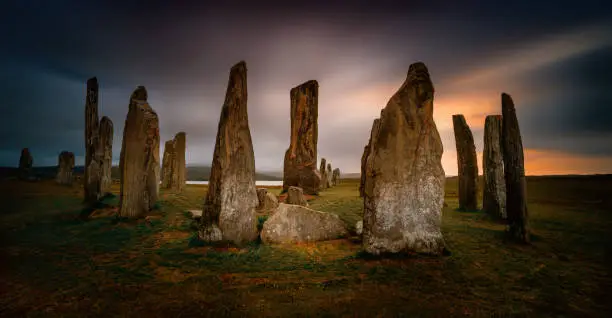 Panorama of Callanish stones in sunset light, Lewis, Scotland