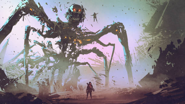 facing the giant spider robot the man facing the giant spider robot, digital art style, illustration painting robot spider stock illustrations