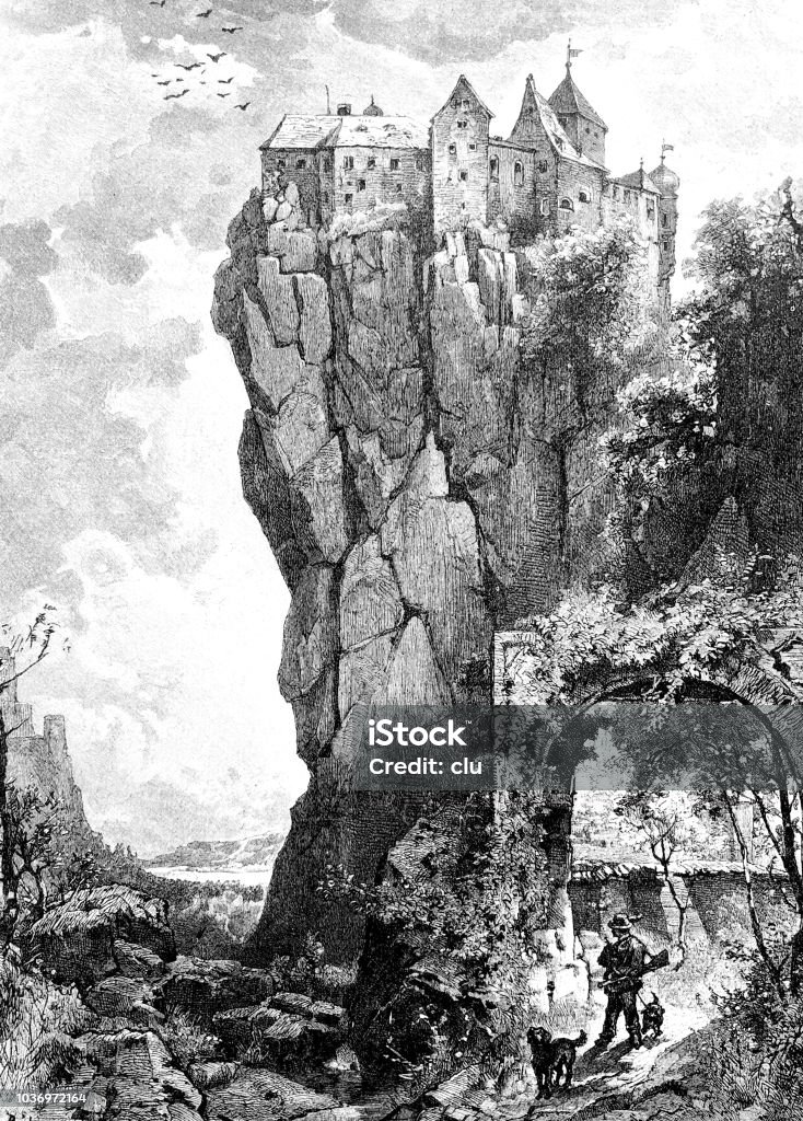 Castle Prunn in Bavaria Illustration from 19th century Castle stock illustration