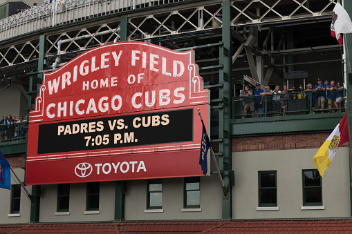Chicago, USA Aug 2, 2018: Wrigley Field home of the Chicago Cubs, during a home game against the Padres late in the day.